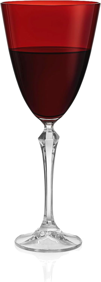 Barski Wine Glass - Set of 4 - Ruby (Red) Colored Cup - for Water - White or Red Wine - 9 fl. Oz. - Clear Stem - Glasses - Made in Europe