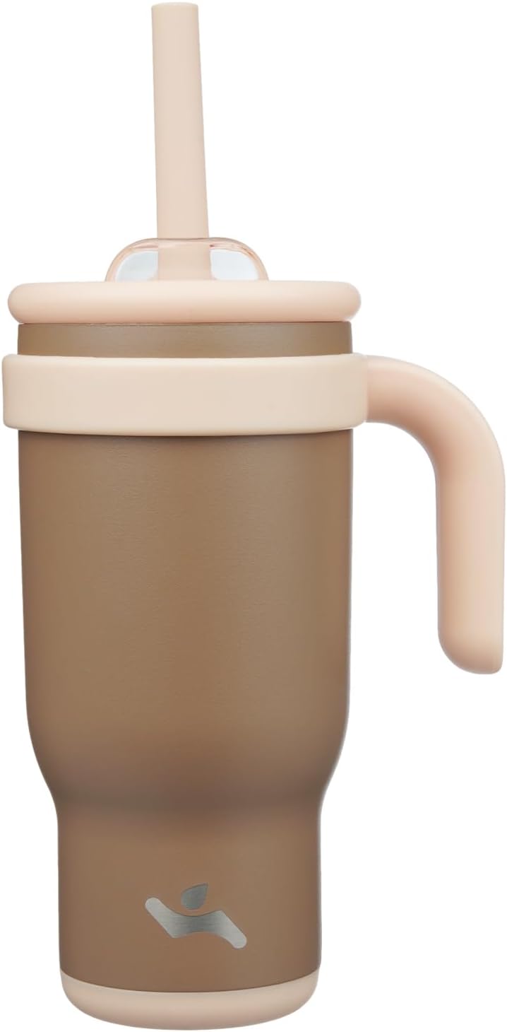 18 oz Tumbler with Side Handle, Insulated Water Bottle with Straw and 2 in 1 Lid, Stainless Steel Cup Travel Coffee Mug for Sports Office Gym,Brown