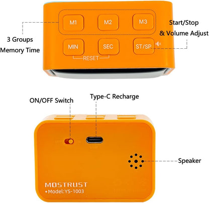 Digital Mini LED Timer, Rechargeable LED Countdown/Up Timer, 3 Pre-Set Memory Time Loud Alarm ON/Off Function, Ideal for Homework, Cooking, Classroom, Office, Kids Students (White)