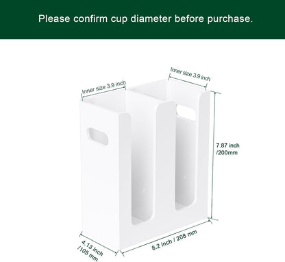 Disposable Coffee Cup Dispenser with Handles, Countertop or Wall Mount Hot/Cold Drink Cup and Lid Holder - Bathroom/Kitchen/Office Acrylic Cup Lid Storage Organizer (2 Compartments, White)