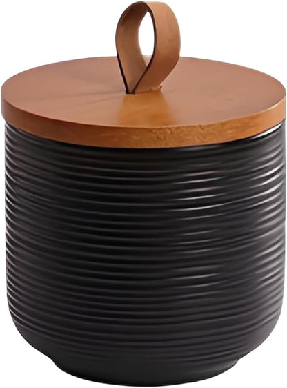 Food Storage Jar Strong Ceramic Storage Canisters with Airtight Wooden Lid,Kitchen Storage Containers for Serving Coffee Beans, Tea, Sugar, Salt, Spices (Little black)