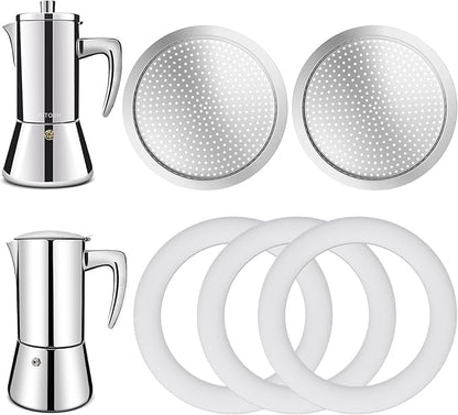 2 Pcs Filter with 3 Pcs Silicone Gasket Seals for 4 Cup Stovetop Espresso Coffee Maker Replacement Parts for 304 Stainless Steel Moka Pot