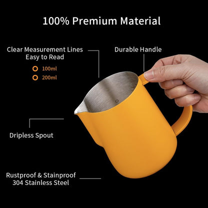 watchget Milk Frothing Pitcher 250ml/8oz Stainless Steel Espresso Steaming Jug with Matte Yellow Coating, Latte Art Coffee Frother Cup