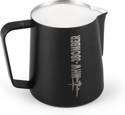 MHW-3BOMBER Milk Frothing Pitcher, 16oz/450ml Milk Frother Cup for Barista, SUS304 Stainless Steel Espresso Steaming Pitchers for Milk/Coffee/Latte Art, Matte Black, P3025B-OS