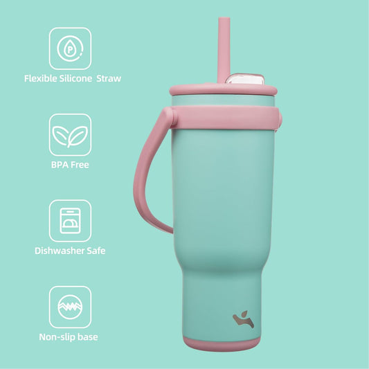 40 oz Tumbler with Side Handle, Insulated Water Bottle with Straw and 2 in 1 Lid, Stainless Steel Cup Travel Coffee Mug for Sports Office Gym,Guava