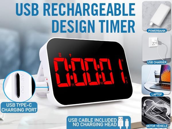 KMMKGGKitchen Timer（1.5" Number） Large Digital Magnetic Timer, Rechargeabilit, Countdown and Countup, 3 Brightness Display, 3 Volume Levels and Vibration Mode, for Cook, Adults Study Teaching(RED)