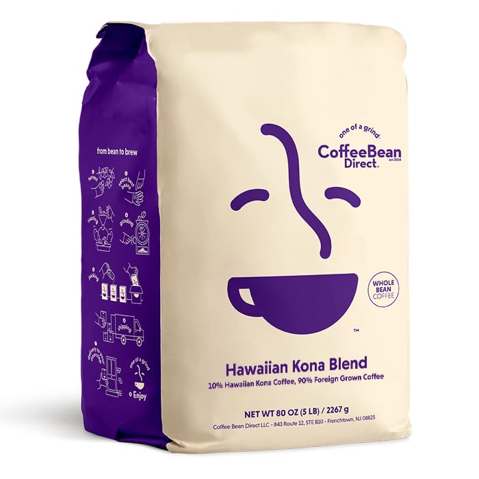 Coffee Bean Direct Hawaiian Kona Blend, Whole Bean Coffee, Light Roast, 5 Pound Bag (Pack of 1)