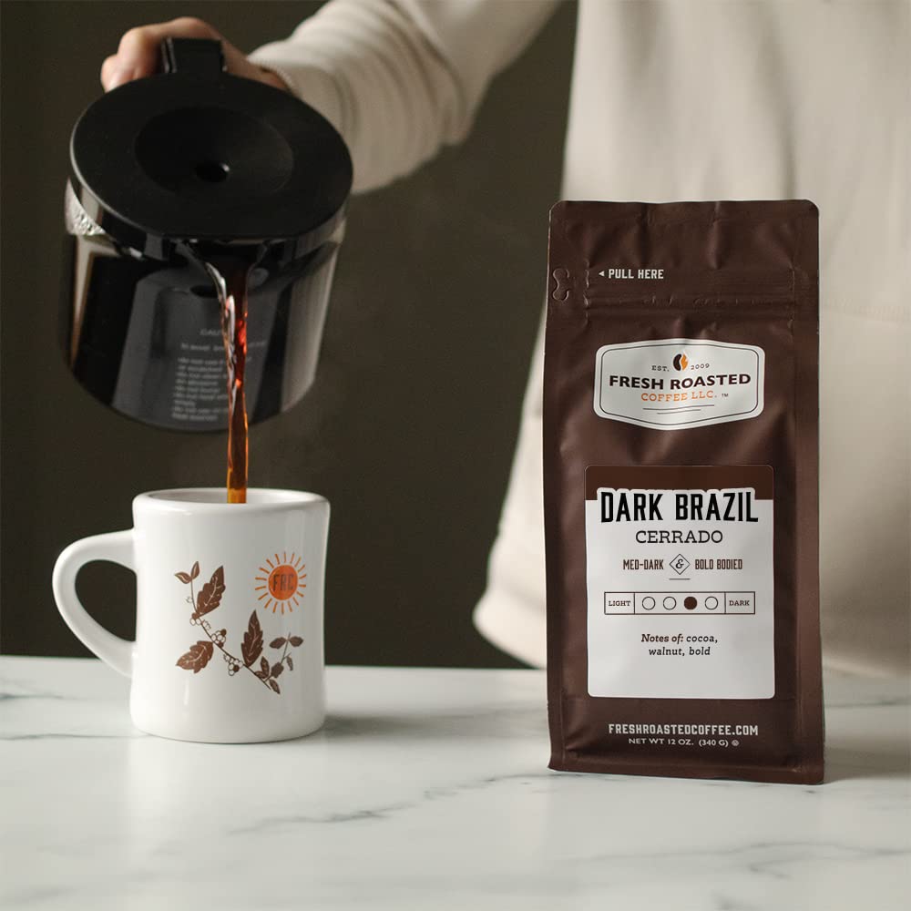 Fresh Roasted Coffee, Dark Brazil, 12 oz, Med-Dark Roast, Kosher, Ground
