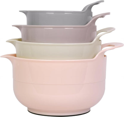 BoxedHome Nesting Plastic Mixing Bowl Set with Pour Spouts and Handles - Non Slip Bottom, BPA free Microwave & Dishwasher Safe(Khaki Pink, 4 Pack)