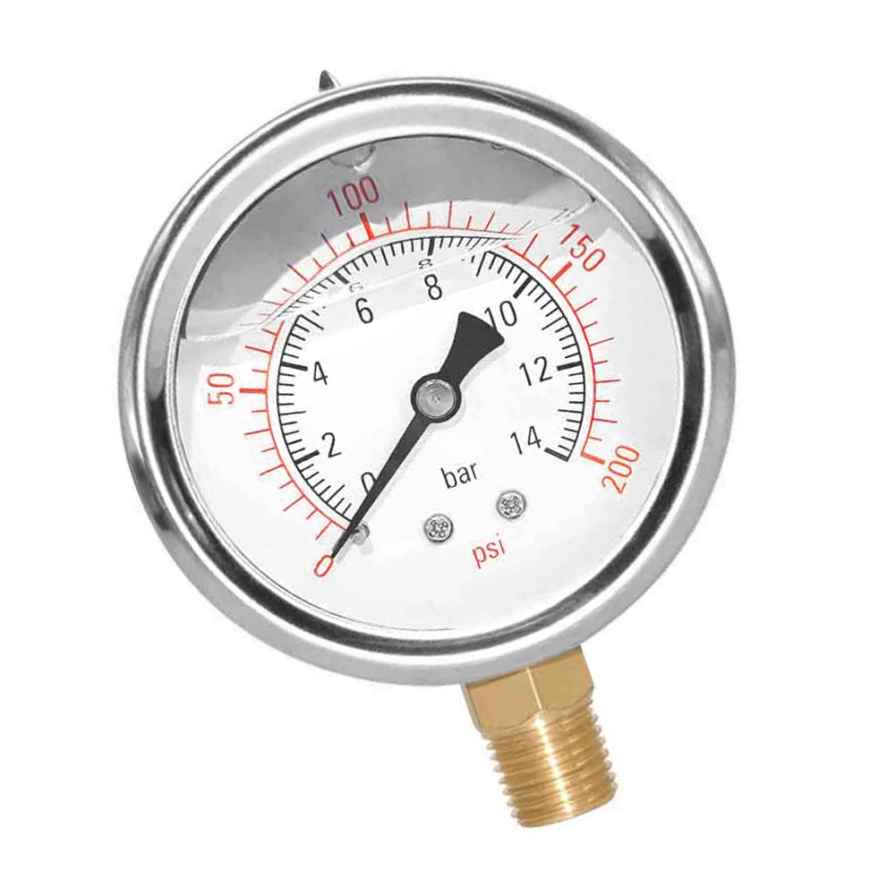 2-1/2" Dial 1/4" NPT 0~200Psi 304 Stainless Steel Glycerin Filled Pressure Gauge Bottom Mount