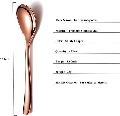 Copper Demitasse Espresso Spoons, 5.5'' Mini Coffee Spoons, Set of 6, Dishwasher Safe