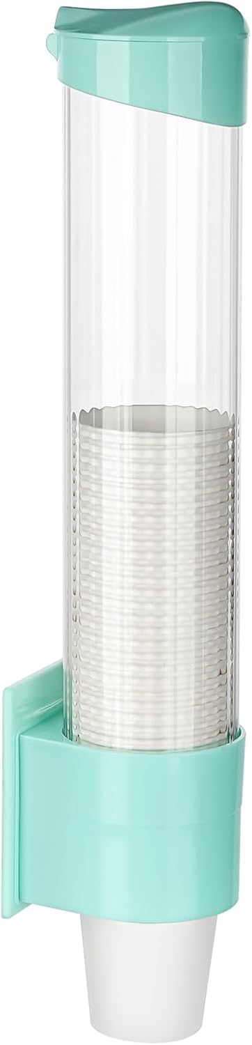 Medium Pull Type Cup Dispenser, Paste or Screw Plate Mountable Cups Holder, Fits 5oz - 7oz Cone or Flat Bottom Cups, 16” Tube Length, Mounting Water Dispenser Cooler or Wall (Medium, Green)