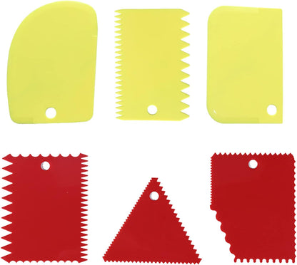 Cake Scraper Cake Decorating Comb,Cake Scraper Smoother,Flexible Plastic Dough Scraper For Bread Making,Reusable Pastry Pizza Dough Cutter Tool For Baking Cake Edge Stripe Decorating(6Pcs,Red,Yellow)