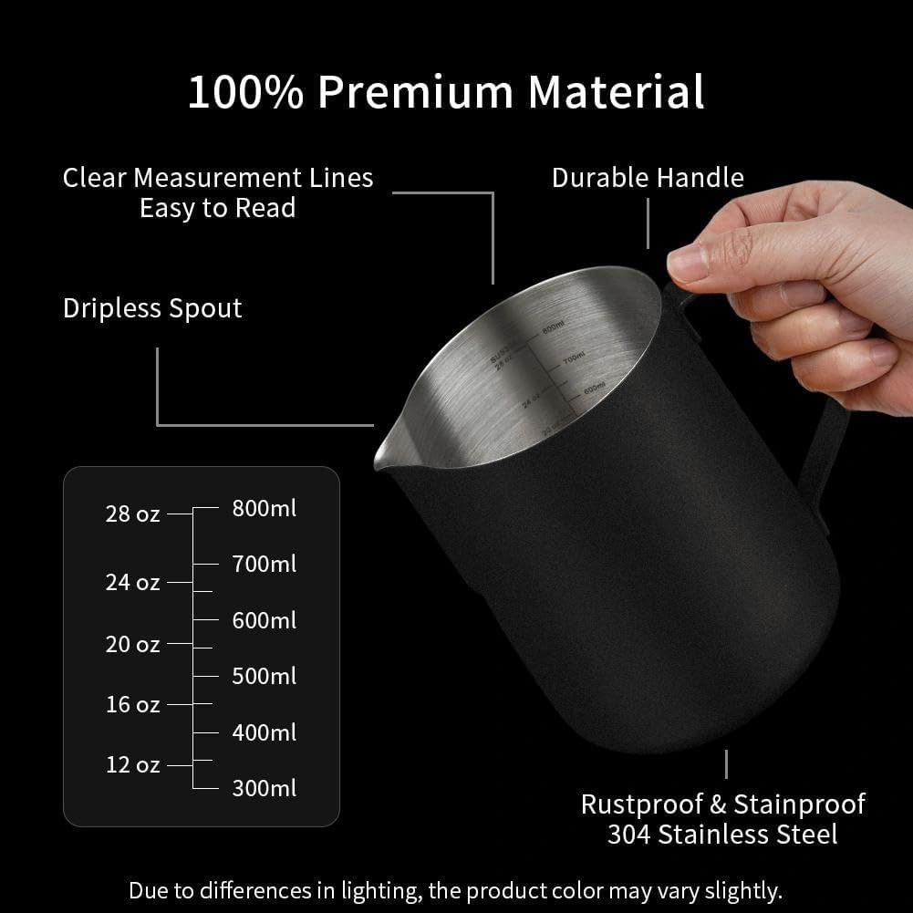 watchget Milk Frothing Pitcher 32oz/900ml - Stainless Steel Frothing Pitcher Espresso Steaming Pitcher Coffee Frother Cup Cappuccino Latte Art Coffee Machine Accessories Milk Jug, Black