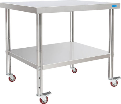 Stainless Steel Table for Prep & Work with 4 Caster Wheels with Undershelf 30 x 36 NSF Metal Commercial Kitchen Adjustable Under Shelf Worktable for Restaurant Home Outdoor