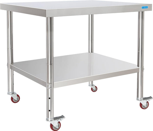 Stainless Steel Table for Prep & Work with 4 Caster Wheels with Undershelf 30 x 36 NSF Metal Commercial Kitchen Adjustable Under Shelf Worktable for Restaurant Home Outdoor