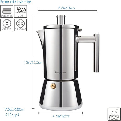 Easyworkz Diego Stovetop Espresso Maker Stainless Steel Italian Coffee Machine Maker 12Cup 17.5 oz Induction Moka Pot