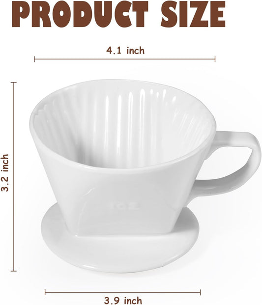 Pour Over Coffee Dripper, Ceramic Pour Over Coffee Maker with 3 Holes Flat Bottom, Easy Manual Brew Maker, Porcelain Slow Filter Cone for Travel, Camping, Office, Home, WH