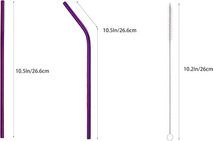 10 Pcs Stainless Steel Straws, Reusable Drinking Straws, 5 Straight + 5 Bent Metal Straws Set With 2 Pcs Cleaning Brushes (Purple, 10.5 Inch)