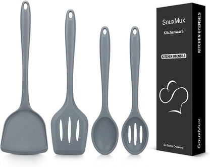 4 Pcs Silicone Kitchen Utensils Set, Wok Spatulas-Slotted Turner-Cooking Spoon-Slotted Spoon, Nonstick BPA Free High Heat Resistant Cooking Utensils for Frying, Mixing, Serving, Draining, Stirring