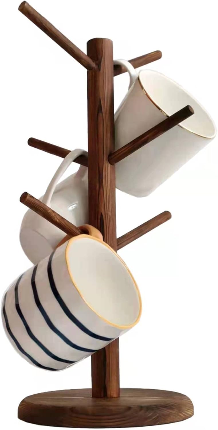 Dorhors Mug Holder Tree,Coffee Cup Holder with 6 Hooks, Wood Mug Rack for Counter,Coffee Bar Accessories and Orgnizer Station(Brown)