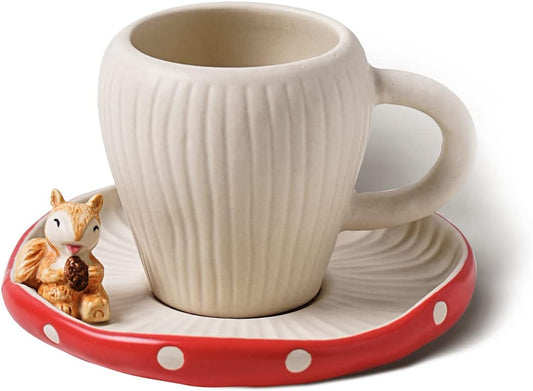 Cute Mushroom Mug with Saucer, Handmade Glaze Polka Dot, with Squirrel Decoration on the Plate. Safety Matt Ceramic Coffee Cups, 11 oz Cartoon Tea Cup. Best Gifts for Women & Girls.