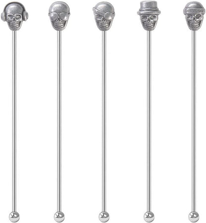 Skull Shape Swizzle Sticks, Reusable Stainless Steel Coffee Beverage Stirrers Cocktail, 5-Pack Drink Stir Sticks for Bar Party Home Office (Ancient Silver)