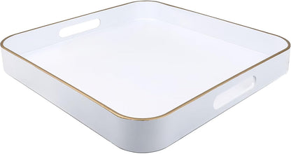 White Square Decorative Tray with Handles, 13"*13" Versatile Serving Tray for Coffee Table, Ottoman, Ideal for Serving, Displaying, Organizing