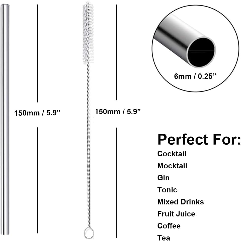 Stainless Steel Straws Short Small 5.9" Reusable Metal Bar Drinking Straw Set With Cleaner Brush for Cocktails Rock Gin Glass Coffee Mason Jar Tumblers Kids Fruit Juice Box, Silver 16PCS