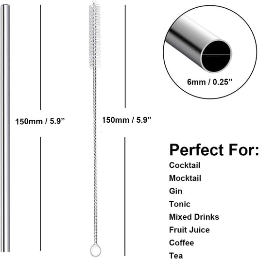 Stainless Steel Straws Short Small 5.9" Reusable Metal Bar Drinking Straw Set With Cleaner Brush for Cocktails Rock Gin Glass Coffee Mason Jar Tumblers Kids Fruit Juice Box, Silver 16PCS