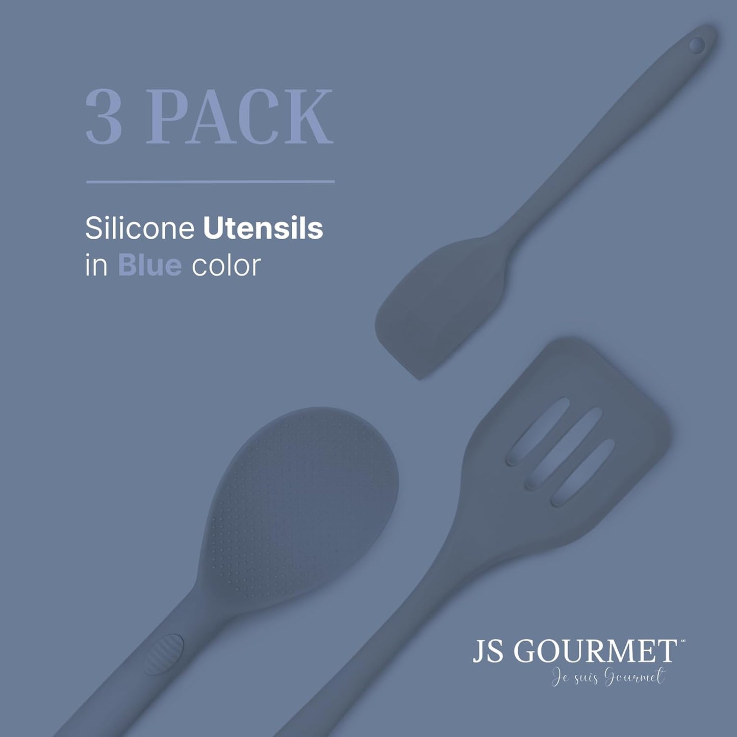 Silicone Utensils 3-Piece Set – Rubber Spatula, Slotted Turner, and Rice Paddle – Complete Heat-Resistant Set for Non-Stick Cookware – Kitchen Tools and Accessories for Cooking & Baking – Blue
