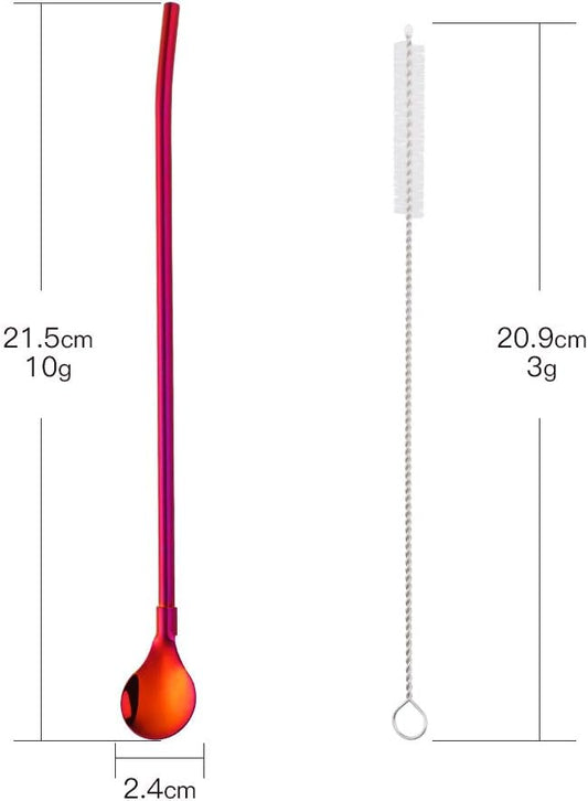 Straw Spoon, 8PCS 8.5inch Orange Red 18/8(304) Stainless Steel Metal Straws Reusable + 2 Brushes