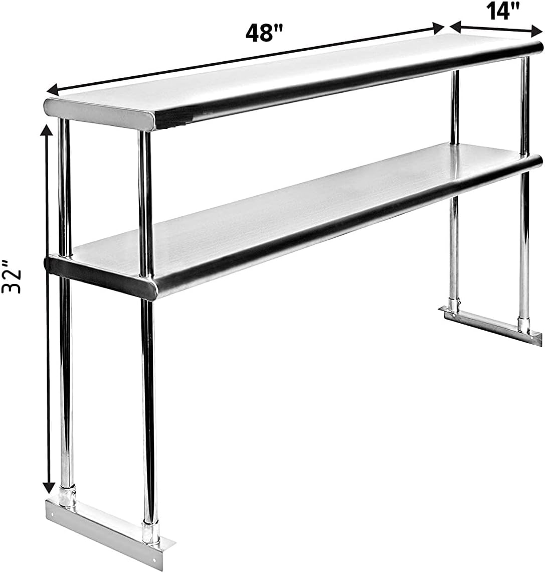 14" x 48" NSF Certified Commercial Stainless Steel Double Overshelf | 18-Gauge Heavy-Duty Kitchen Storage & Organization for Work Tables