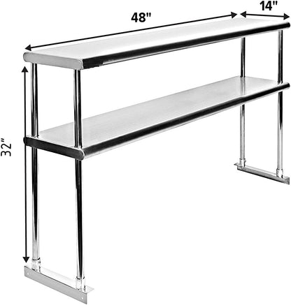 14" x 48" NSF Certified Commercial Stainless Steel Double Overshelf | 18-Gauge Heavy-Duty Kitchen Storage & Organization for Work Tables
