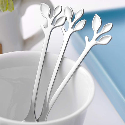 AnSaw 8-Pack Elegant Silver Leaf 4.7" Espresso Spoons - Stainless Steel, Perfect for Coffee, Demitasse, Dessert & Tea, Mini Size for Small Servings