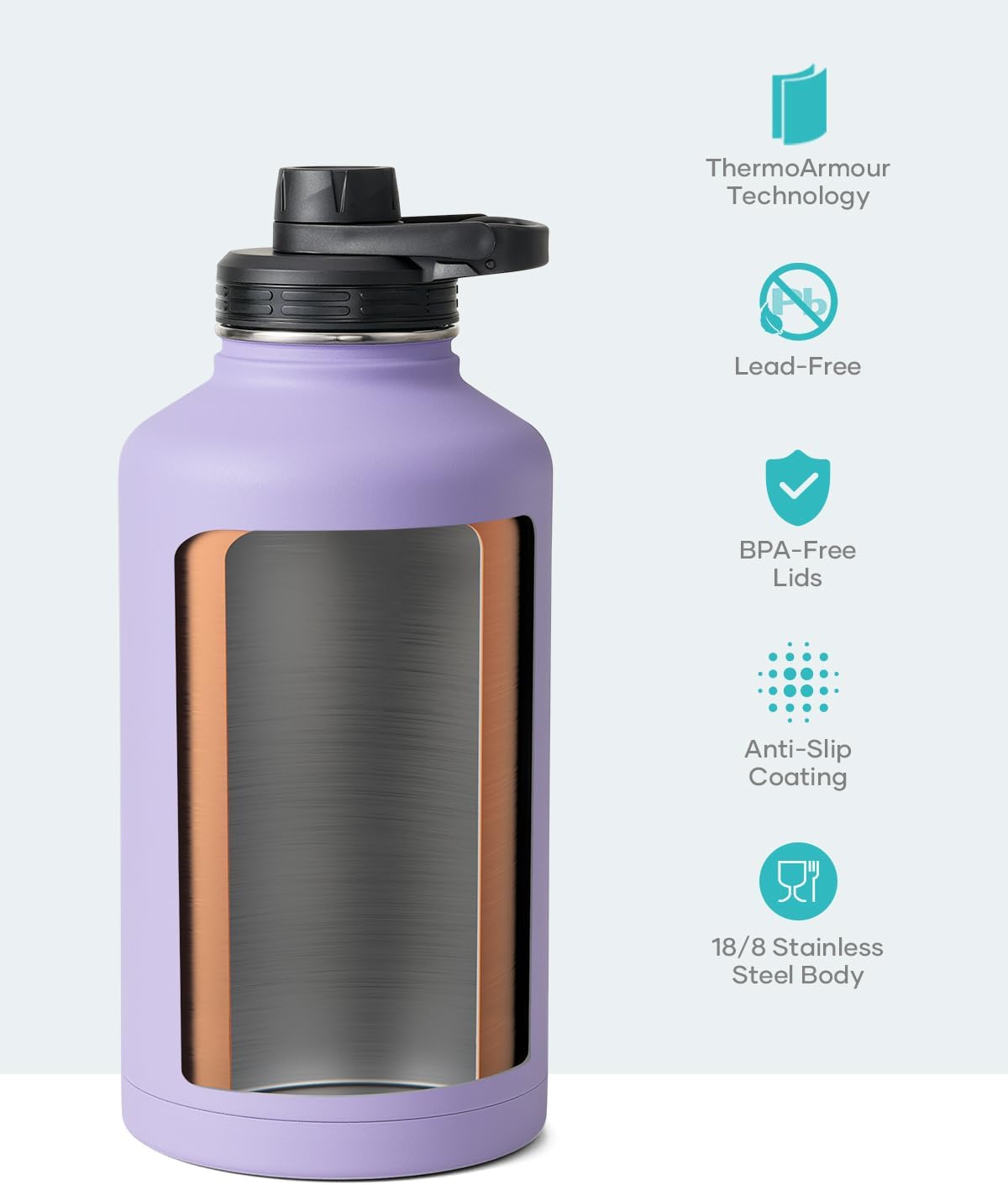 BUZIO 64 oz Water Bottle Insulated with Straw & 3 lid and Carrying Pouch, Leak Proof Half Gallon Stainless Steel Water Flask Jug, Cold for 48 Hrs Double Vacuum Thermo Canteen, BPA-Free, Purple