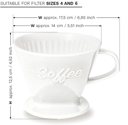Creano XXL Porcelain Coffee Dripper White - Ceramic Cone Brewer - Pour Over Coffee Maker - Filter Size 4 - huge and heavy quality 800gr/28oz - 6 Colours availeble