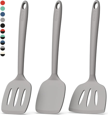 Coukre Silicone Spatula Set of 3, High Heat Resistant, BPA-Free, Kitchen Utensils, Fish Spatula, Solid & Slotted Turner for Non-Stick Pans, Flipping Eggs, Pancakes, Fish, Burgers (3, PureGray)