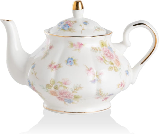 Sweejar Ceramic Teapot with Infuser, Floral Relief Gold Rimmed Teapot, 29 OZ Porcelain Tea Pot for Blooming and Loose Tea, Coffee...(Small Flower)