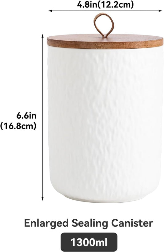 Black White Ceramic Coffee Canister Tea Canister with Seal Wood Lid, Airtight Coffee Storage Container for Coffee Bean, Ground Coffee, Sugar, Cookie Candy jar (White, 1300ml)