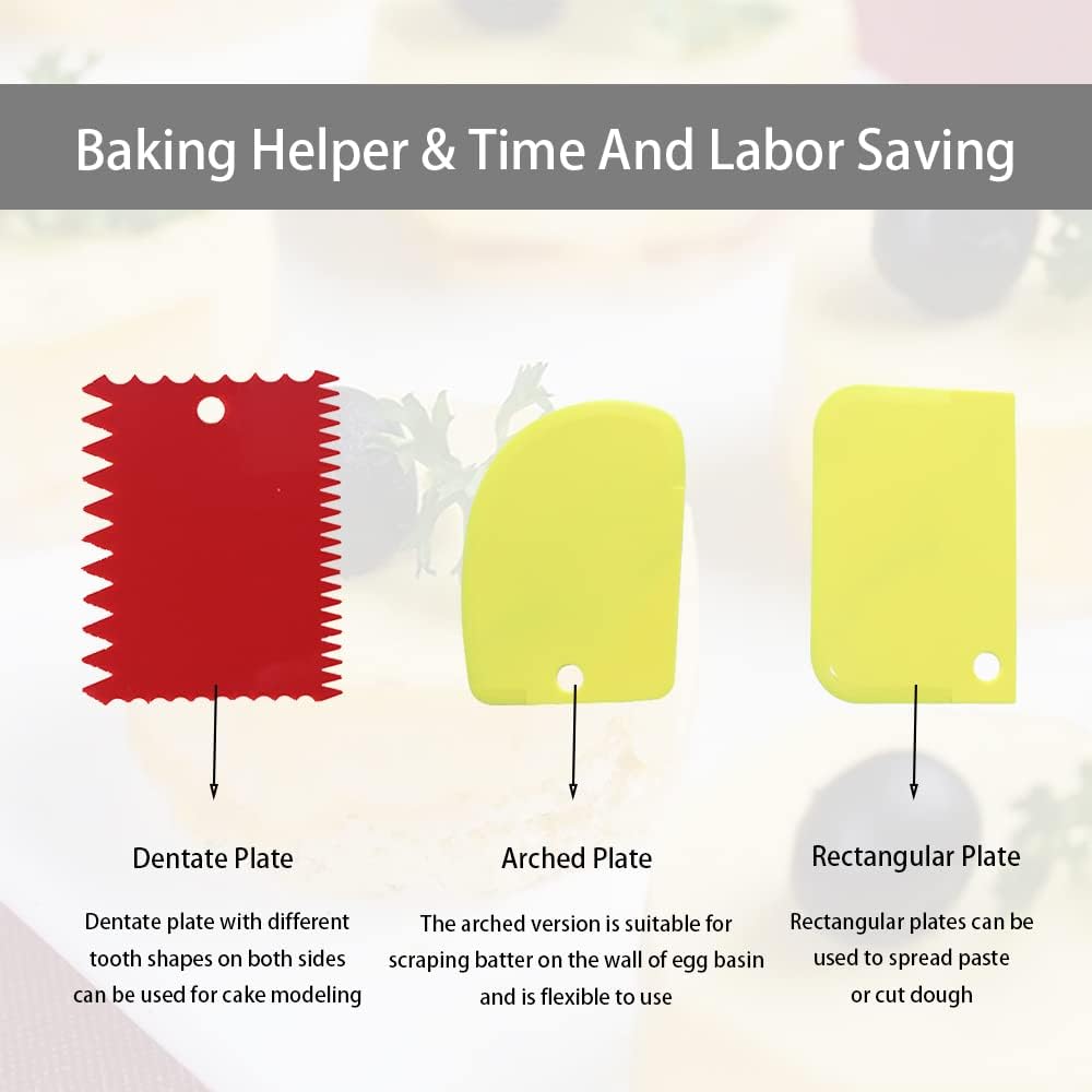 Cake Scraper Cake Decorating Comb,Cake Scraper Smoother,Flexible Plastic Dough Scraper For Bread Making,Reusable Pastry Pizza Dough Cutter Tool For Baking Cake Edge Stripe Decorating(6Pcs,Red,Yellow)