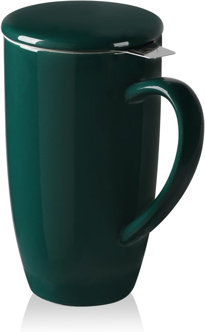 Sweejar Porcelain Tea Infuser Mug with Lid, 20 oz Teacup with Strainers for Loose Leaf Tea, Microwave and Dishwasher Safe Coffee Mug(Jade)