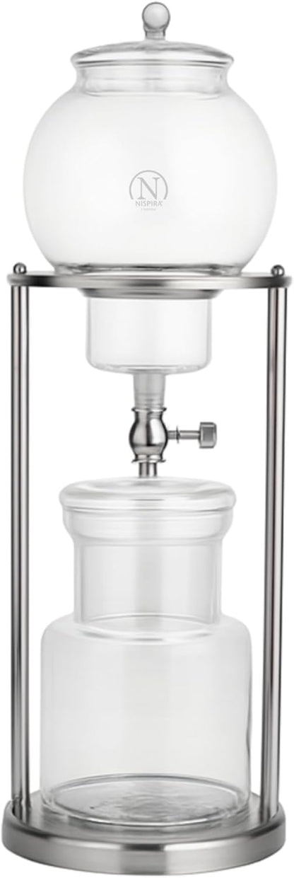 Nispira Luxury Ice Cold Brew Dripper Coffee Maker in Stainless Steel and Borosilicate Glass, 600 ml Silver
