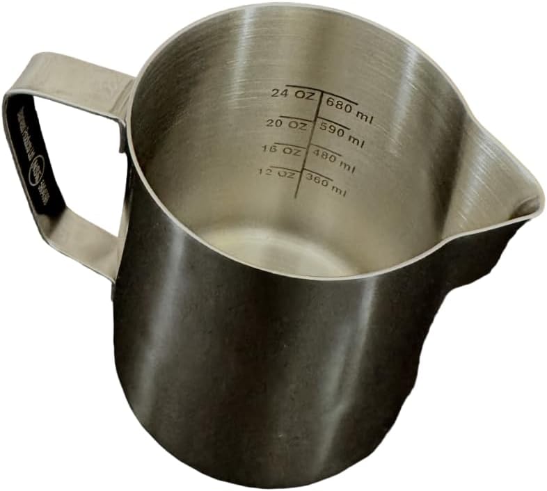 Rattleware 32 oz Latte Art Pitcher – Stainless Steel Frothing Pitcher with Etched Graduation, Tapered Spout, Ergonomic Handle, Professional Steaming Pitcher for Baristas, Cafe and Home Use