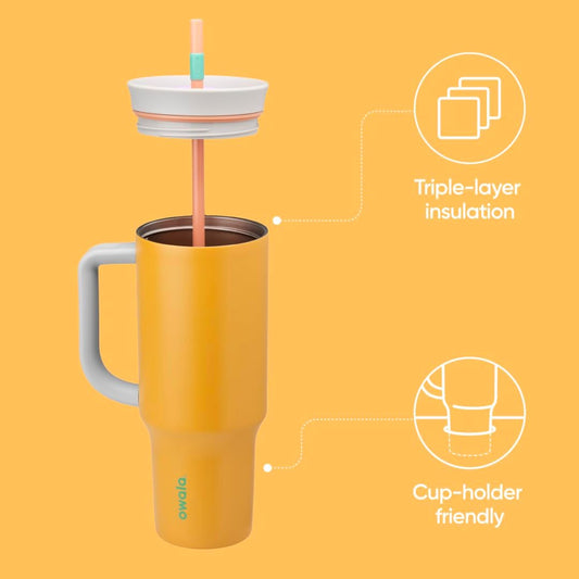 Owala Stainless Steel Triple Layer Insulated Travel Tumbler with Spill Resistant Lid, Straw, and Carry Handle, BPA Free, 40 oz, Orange (Tropical)