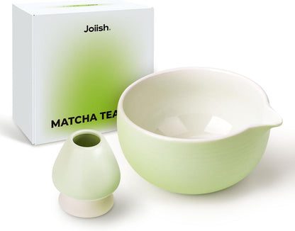 Matcha Bowl and Whisk Holder Set, Ceramic Tea Bowl and Whisk Stand, Matcha Tea Mixing Bowl with Spout (18 Ounce), Whisk Rest, Light Green