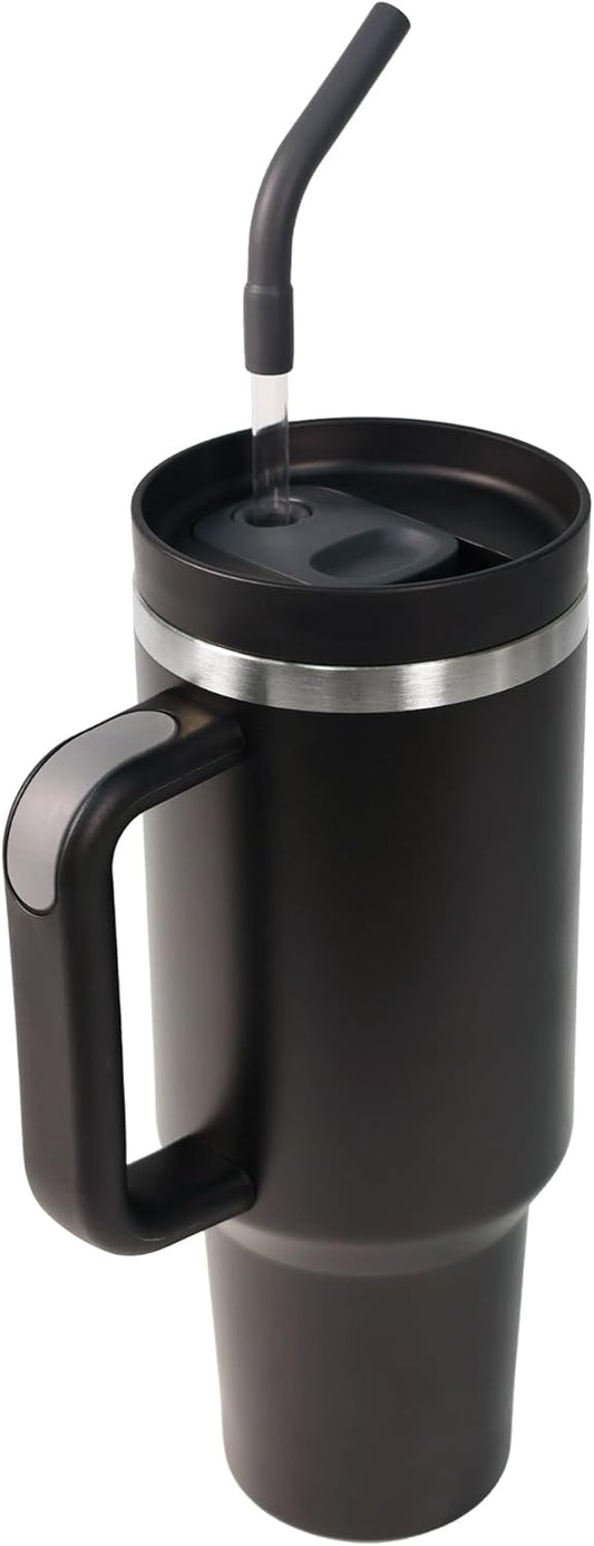40 oz Water Bottle with Handle & Straw – Insulated Stainless Steel Bottle, Leakproof, Fits in Cup Holder – Reusable Cold Drink Thermos for Women & Men (Black)