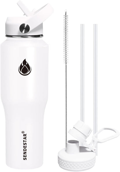 SENDESTAR 32oz Water Bottle Wide Mouth Stainless Steel Vacuum Insulated Double Wall with 2 Straw Lids Fit in Any Car Cup Holder