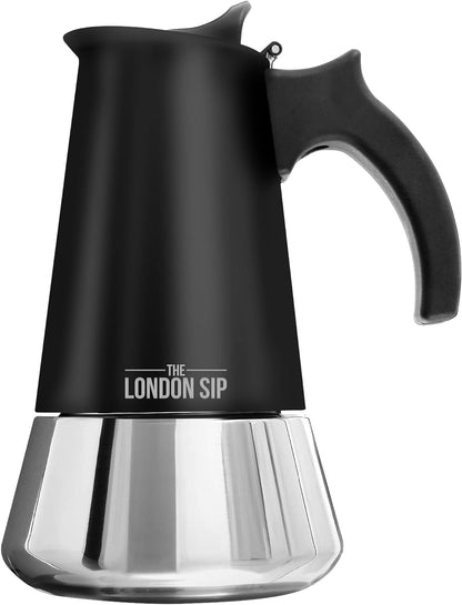 London Sip Stainless Steel Stovetop Espresso Maker Moka Pot Italian Coffee Percolator, Matte Black, Medium (10.14 oz)