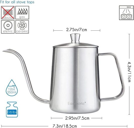 Easyworkz Gage Gooseneck Pour Over Coffee Kettle 20 oz Stainless Steel Hand Drip Long Narrow Spout, Silver
